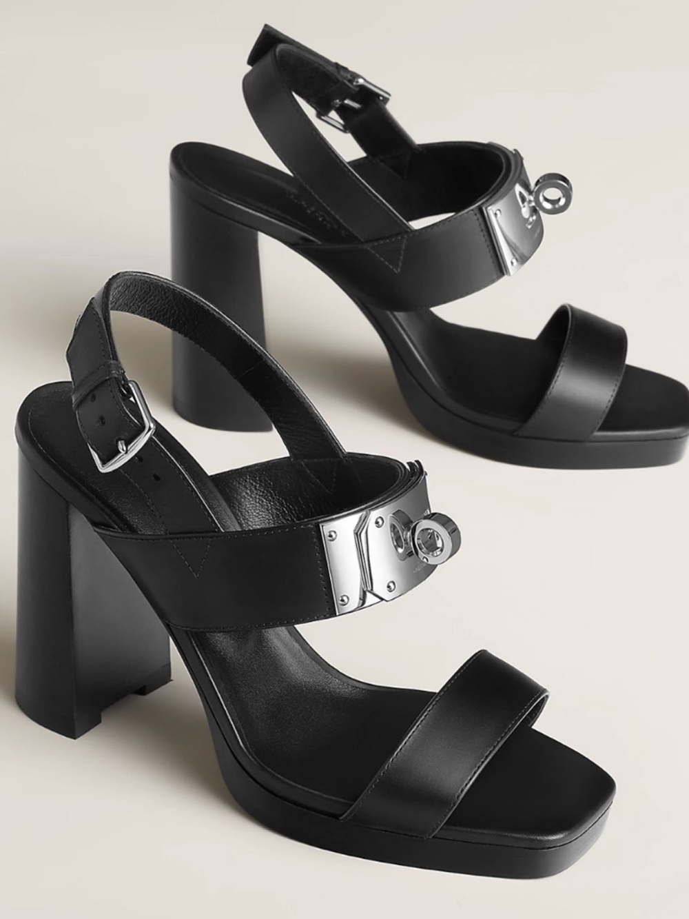 Hermes Black Leather Platform Heel Sandals with Silver Kelly Buckle 37.5